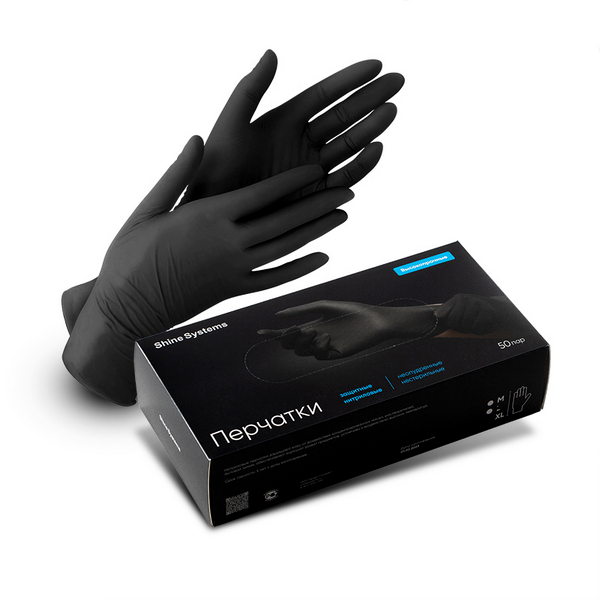 Перчатки нитриловые высокопрочные, размер "M", цвет черный 100 шт Shine Systems, 1 упаковка